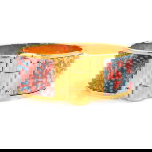HERMES BANGLE BRACELET CHARNIER METAL ENAMEL: Hermes Bangle Bracelet Charnier Metal Enamel Brand: Hermes  Type: Bangle  Material: Enamel, Metal  Color: Blue, Gold, Pink  Size: Length 15.5cm / 6.1'' Width 12.2cm / 4.8''  Accessories: None A