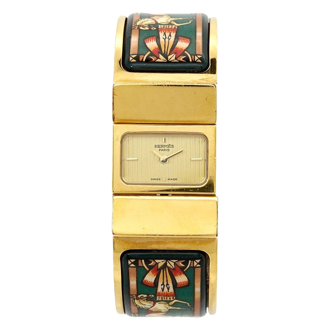 HERMES LOQUET QUARTZ GOLD DIAL LADIES BNGLE WATCH: HERMES Loquet Quartz Gold Dial Ladies Bngle Watch Brand: HERMES Type: Wristwatch Material: Stainless steel/YGP Color: None Size: Case Size Length 30mm(included lag) Width 20mm(not included crown)