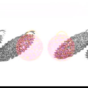 GARAVELLI PINK SAPPHIRE GOLD BALL EARRINGS 18K TWO TONE HUGGIE STYLE: Garavelli Pink Sapphire Gold Ball Earrings 18k Two tone Huggie Style Brand: Garavelli  Type: Earrings  Material: 18k rose, yellow and white gold  Color: Rose and Yellow  Size: Measurement: 15mm ball x