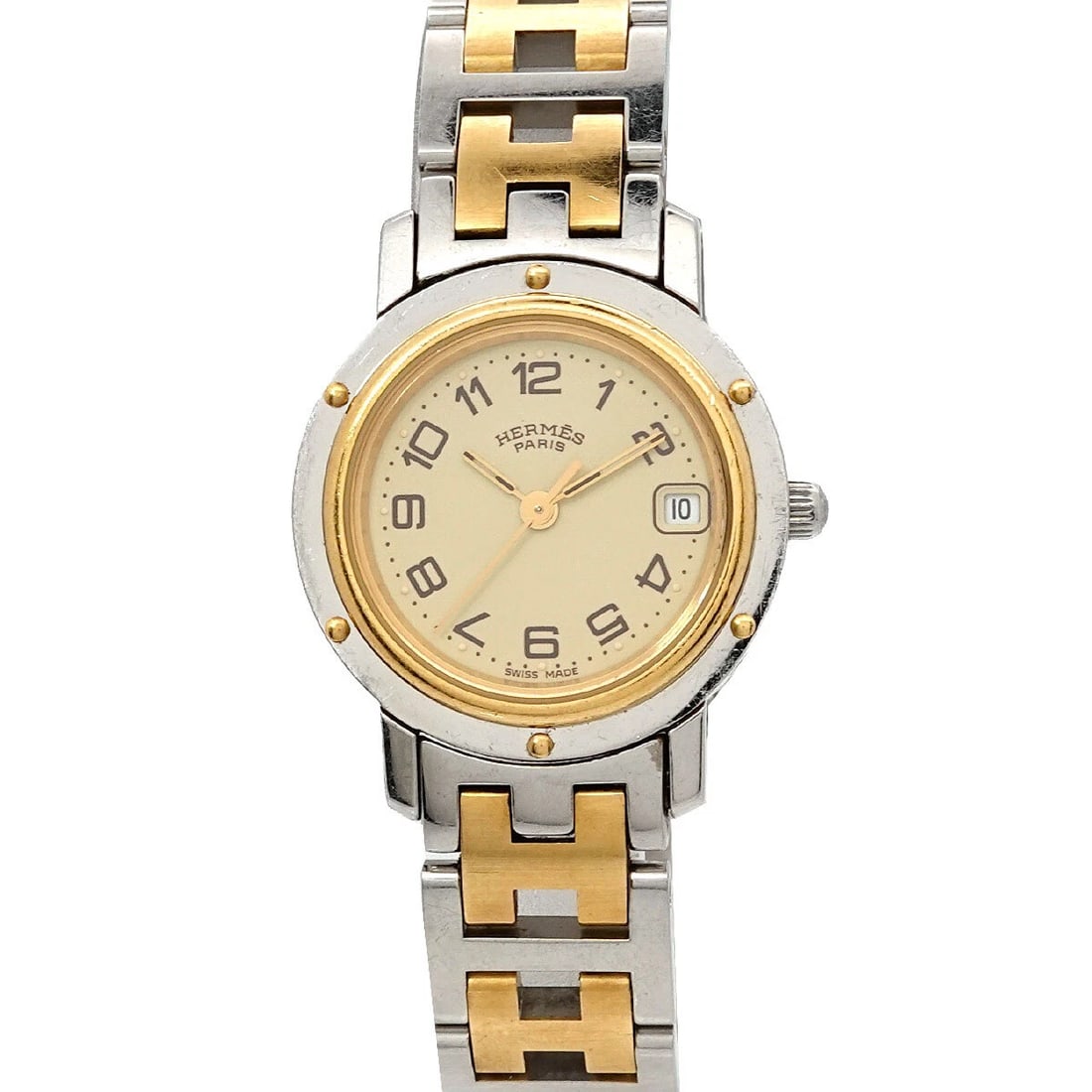 HERMES CLIPPER TWO TONE QUARTZ CREAM DIAL LADIES WATCH: HERMES Clipper Two Tone Quartz cream Dial Ladies Watch Brand: HERMES Type: Wristwatch Material: Stainless steel/YGP Color: none Size: Case Size Length 29mm(included lag) Width 24mm(not included cr