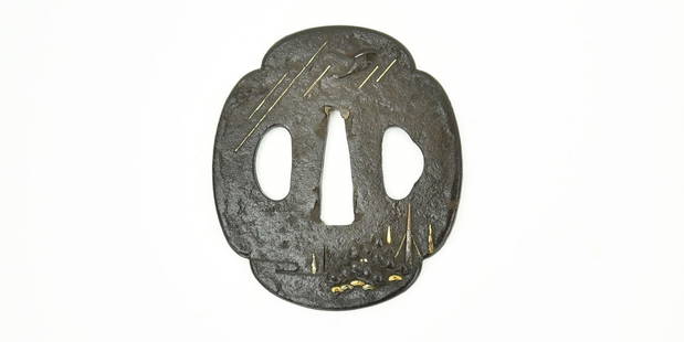 IRON TSUBA. BIRD FLYING IN RAIN ABOVE FOLIAGE. FOR TANTO OR WAKIZASHI.: Iron Tsuba. Bird flying in Rain above Foliage. For Tanto or Wakizashi. Description: Iron Tsuba. Bird flying in Rain above Foliage. For Tanto or Wakizashi.  Size: None  Accessories: None Accessories No