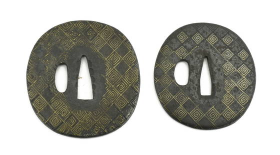 DAI-SHO TSUBA: Dai-Sho Tsuba Description: Dai-Sho Tsuba. Round with squares of brass. Dai vertical dimension is 3 1/16&rdquo;. Sho is 2 &frac34;&rdquo;. Early Edo period.  Size: Dai vertical dimension is 3 1/16&rdqu