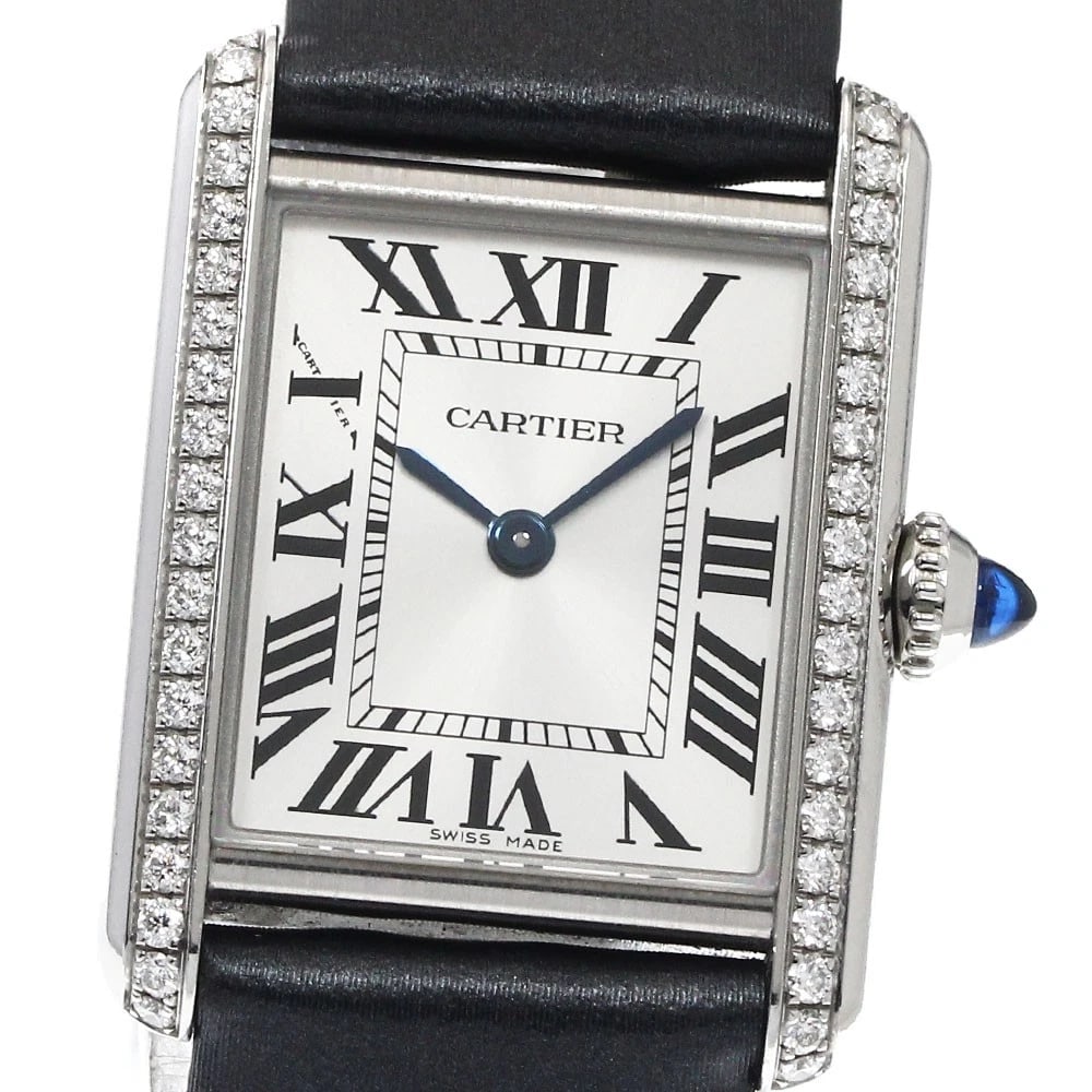 CARTIER TANK DIAMOND BEZEL SILVER DIAL QUARTZ: CARTIER tank Diamond Bezel Silver Dial Quartz Brand: CARTIER Type: Wristwatch Material: Band Material leather, Case Material Stainless Steel Color: Dial Color Silver, Case Color Silver, Band Color gra