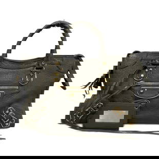 BALENCIAGA CLASSIC METALLIC EDGE DARK GRAY LEATHER HANDBAG: BALENCIAGA Classic Metallic Edge Dark Gray Leather Handbag Brand: BALENCIAGA  Type: Handbag  Material: Leather  Color: Dark Gray  Size: Height : 6.69 inch (17 cm) Width : 11.81 inch (30 cm) Depth : 3.