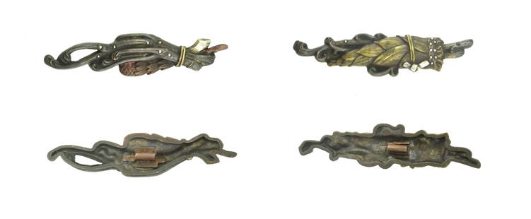 KINKO MENUKI SHEAVES: Kinko Menuki Sheaves Description: Kinko Menuki Sheaves. Silver, Copper and Shakudo highlights  Size: None  Accessories: None Accessories Notice: When purchasing pre-owned goods, please refer to the ph