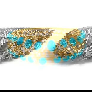VINTAGE CABOCHON TURQUOISE DIAMOND BANGLE BRACELET: Vintage Cabochon Turquoise Diamond Bangle Bracelet Brand: Unbranded  Type: Bracelet  Material: Gold  Color: Gold  Size: Length: 6.5 inches inside circumference Width: 19.5 mm top of bracelet, 15 mm bo
