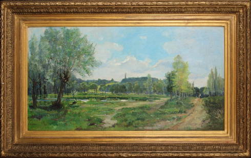 SUMMER LANDSCAPE OIL PAINTING: Year: 19th century Size: 73" x 44" Medium: Oil Description: Large French Impressionist summer scene, painted in oil on canvas by Georges Paul-Manceau in the 19th century. vast, expansive landscape vis