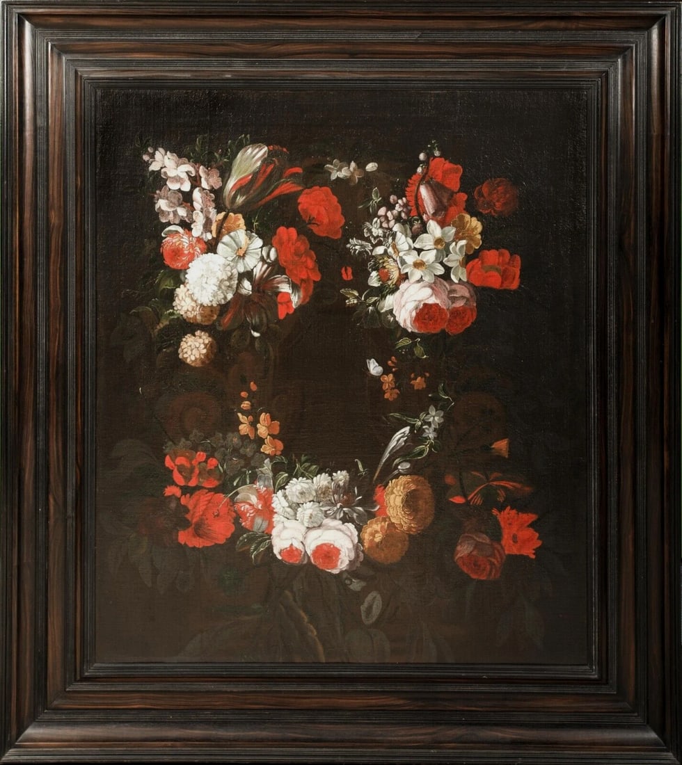 STILL LIFE OF FLOWERS OIL PAINTING: Year: 17th century Size: 45" x 40" Medium: Oil Description: Huge oil on canvas still life of flowers by a Flemish Old Master from the 17th century, credited to Daniel Seghers. Outstanding analysis of