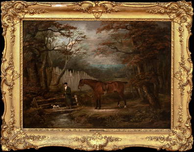 DISMOUNTED HUNTER & HORSE OIL PAINTING: Year: 18th century Size: 41" x 33.5" Medium: Oil Description: Large oil painting by Dean Wolstenholme from around 1800 depicting a dismounted hunter, horse, and terrier. Outstanding condition and qual