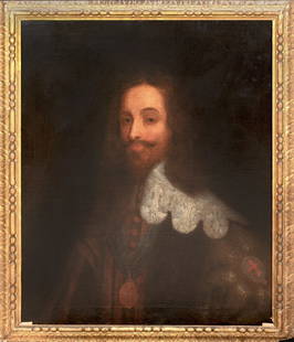 PORTRAIT OF CHARLES I OF ENGLAND OIL PAINTING: Year: 17th century Size: 33.5" x 28.5" Medium: Oil Description: Large oil on canvas portrait of King Charles I of England from the 17th century. A significant early image of Charles I, with the Order