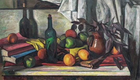 STILL LIFE OF FRUITS AND BOTTLES OIL PAINTING: Year: 19th century Size: 41" x 27" Medium: Oil Description: Huge oil painting, signed to Paul Cezanne, depicting a still life with books, bottles, and fruits, created in France approximately 1900 and