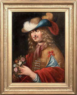 PORTRAIT OF A CHEVALIER HOLDING FLOWERS OIL PAINTING: Year: 16th century Size: 34.5" x 28" Medium: Oil Description: Large oil on panel French School picture, c. 1600, showing a chevalier with flowers in his hand and a plumed cap on his head. Outstanding