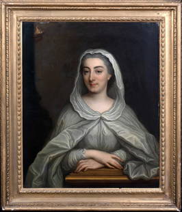 PORTRAIT OF CLAUDE-LOUISE DE LORY OIL PAINTING: Year: 18th century Size: 37" x 32" Medium: Oil Description: A sizable French portrait from the 18th century featuring Claude-Louise De Lory as the subject. The young woman is depicted as a vestal virg