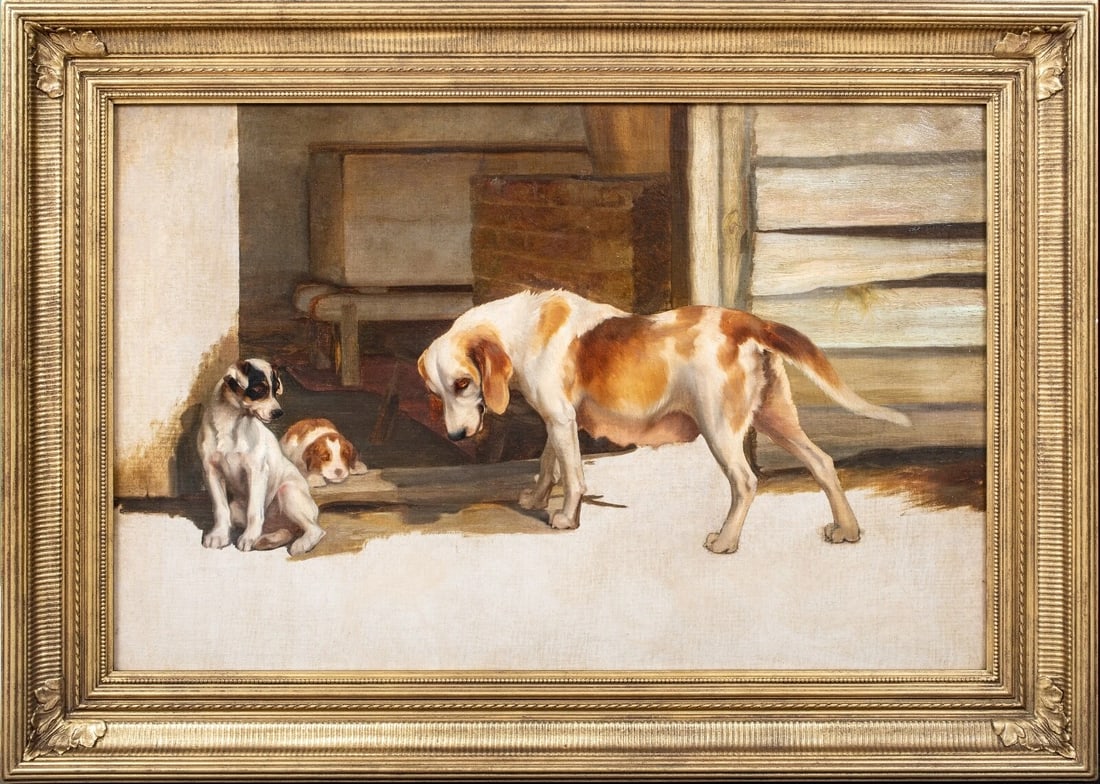DOG MOTHER & HER PUPPIES OIL PAINTING: Year: 19th century Size: 36" x 26" Medium: Oil Description: Large oil on canvas painting by Arthur Wardle from the English School of the 19th century depicting a tired mother hound and her puppies. Su
