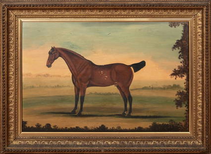 HORSE PORTRAIT OIL PAINTING: Year: 18th century Size: 24" x 18" Medium: Oil Description: William Williams created this large oil on panel image of a stallion race horse in an open setting around 1770. A side-profile photograph of