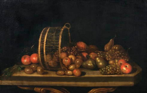 STILL LIFE OF FRUITS OIL PAINTING: Year: 17th century Size: 51" X 37" Medium: Oil Description: Huge oil on canvas still life from the 17th century with fruits, pears, and grapes in an overturned basket resting on a mantle. Excellent qu