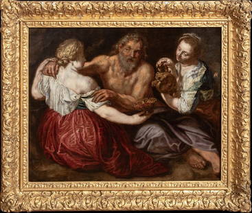 LOT & HIS DAUGHTERS OIL PAINTING: Year: 17th century Size: 21" x 17.5" Medium: Oil Description: An enormous oil on copper painting of Lot and His Daughter from the 17th century by a Dutch Old Master. Excellent quality and condition, f