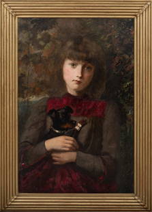 PORTRAIT OF A YOUNG GIRL & INJURED PUPPY DOG OIL PAINTING: Year: 19th century Size: 36" x 26" Medium: Oil Description: Oil on canvas, large 19th-century English school portrait of a young girl clutching a wounded pet. A charming and exquisitely drawn landscap
