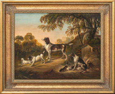 THE DOG YARD OIL PAINTING ATTRIBUTED TO SAMUEL RAVEN: Year: 18th century Size: 28" x 24" Medium: Oil Description: Samuel Raven is attributed with creating this large oil painting of an English dog yard from the 18th and 19th centuries. A water spaniel, a