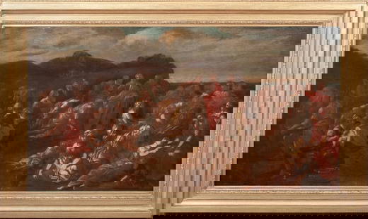 MOSES & THE ISRAELITES GATHERING MANNA IN THE WILDERNESS OIL PAINTING: Year: 17th century Size: 59" x 35" Medium: Oil Description: Moses with the Israelites, large oil painting by an Italian school artist from the 17th century. At the composition's center is a large pano