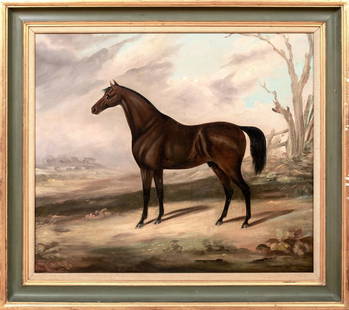 DARK BAY HUNTER HORSE PORTRAIT OIL PAINTING: Year: 19th century Size: 30" x 26.5" Medium: Oil Description: Large oil painting of a dark bay hunter in a landscape from the 19th century in England. A side profile study of the huntsman's favorite s
