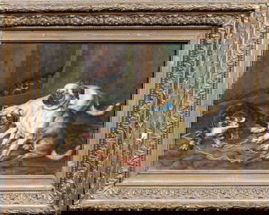 PUG PUPPIES & TABBY CAT OIL PAINTING: Year: 19th century Size: 90cm x 70cm Medium: Oil Description: Beautiful huge oil painting from the 19th century depicting two pug puppies in a barn, frightening a tabby cat. Unmarked but by a skilled