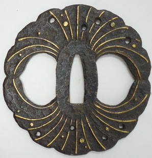 JAPANESE TSUBA SWORD GUARD FOR KATANA IRON ANTIQUE ORIGINAL: Japanese Tsuba Sword Guard for Katana Iron Antique Original Original/Reproduction: Antique Original  Age: Unknown  Primary Material: Iron  Region of Origin: Japan  Size: 8.47 cm (3.33 inches)  Accesso
