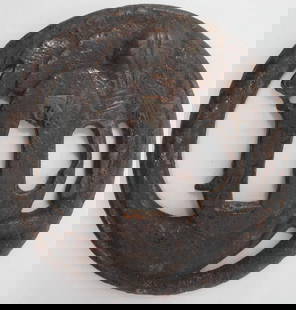 JAPANESE TSUBA SWORD GUARD FOR WAKIZASHI IRON ANTIQUE ORIGINAL: Japanese Tsuba Sword Guard for Wakizashi Iron Antique Original Original/Reproduction: Antique Original  Age: Unknown  Primary Material: Iron  Region of Origin: Japan  Size: Length: 6.61 cm, Width: 6.6