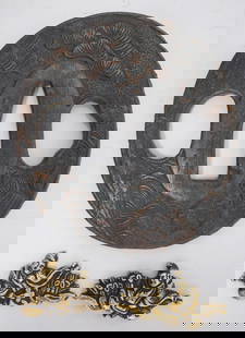 TSUBA SWORD GUARD FOR KATANA OR WAKIZASHI SWORD & MENUKI SET: Tsuba Sword Guard for Katana or Wakizashi Sword & Menuki Set Original/Reproduction: Antique Original  Age: Unknown  Primary Material: Iron  Region of Origin: Japan  Size: approximately 6.09 cm ? 2.40