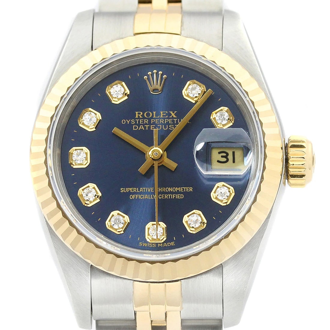 ROLEX LADIES DATEJUST 69173 18K YELLOW GOLD & STEEL BLUE DIAMOND DIAL WATCH: Rolex Ladies Datejust 69173 18K Yellow Gold & Steel Blue Diamond Dial Watch Brand: Rolex Type: Wristwatch Material: Band Material Stainless Steel, 18K Yellow Gold, Case Material Stainless Steel Col