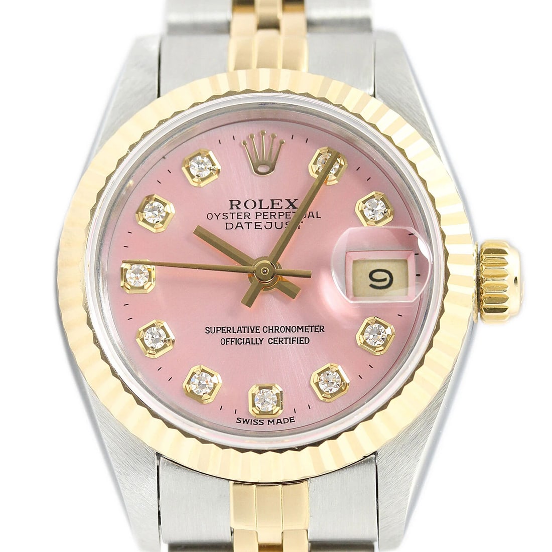 ROLEX LADIES DATEJUST 18K YELLOW GOLD & STAINLESS STEEL PINK DIAMOND WATCH 69173: Rolex Ladies Datejust 18K Yellow Gold & Stainless Steel Pink Diamond Watch 69173 Brand: Rolex Type: Wristwatch Material: Band Material Stainless Steel, Yellow Gold, Case Material Stainless Steel Co