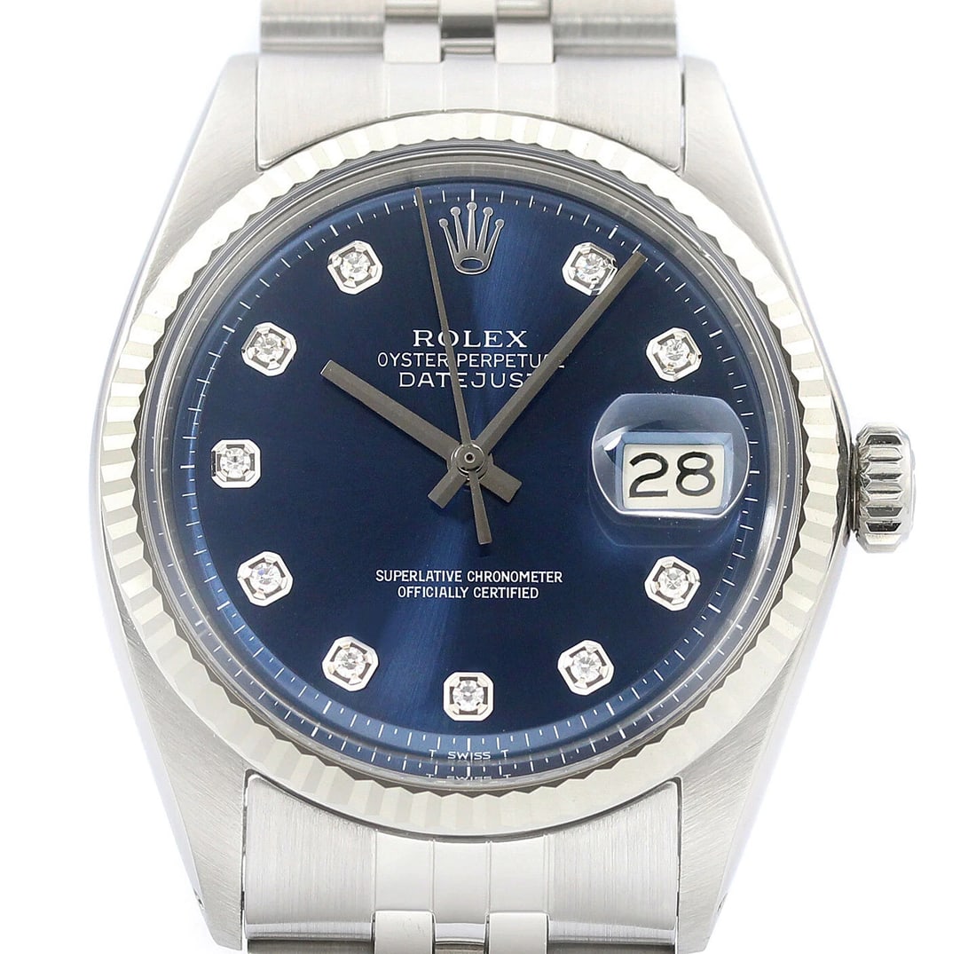 ROLEX MENS DATEJUST 18K WHITE GOLD & STAINLESS STEEL BLUE DIAMOND DIAL WATCH: Rolex Mens Datejust 18K White Gold & Stainless Steel Blue Diamond Dial Watch Brand: Rolex Type: Wristwatch Material: Band Material Stainless Steel, Case Material Stainless Steel Color: Case Color S