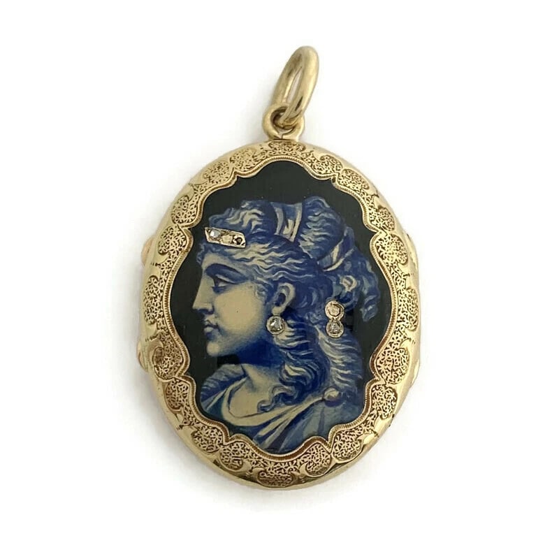 ANTIQUE VICTORIAN DIAMOND HABILLE CAMEO LOCKET PENDANT: Antique Victorian Diamond Habille Cameo Locket Pendant Brand: Unbranded Type: Pendant Material: 18K Yellow Gold Color: Blue Size: Measurements: 1.875 inches x 1.125 inch Accessories: None