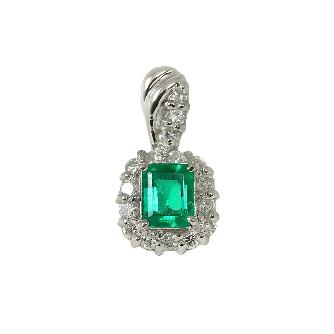 EMERALD DIAMOND PENDANT TOP: Emerald Diamond Pendant Top Brand: Unbranded Type: Pendant Material: Platinum Color: Platinum Size: W 6.9 X H 12.9mm(full length) Thickness:4.9mm bail:(inside dimension) 1.4 X 4.3mm Accessories: