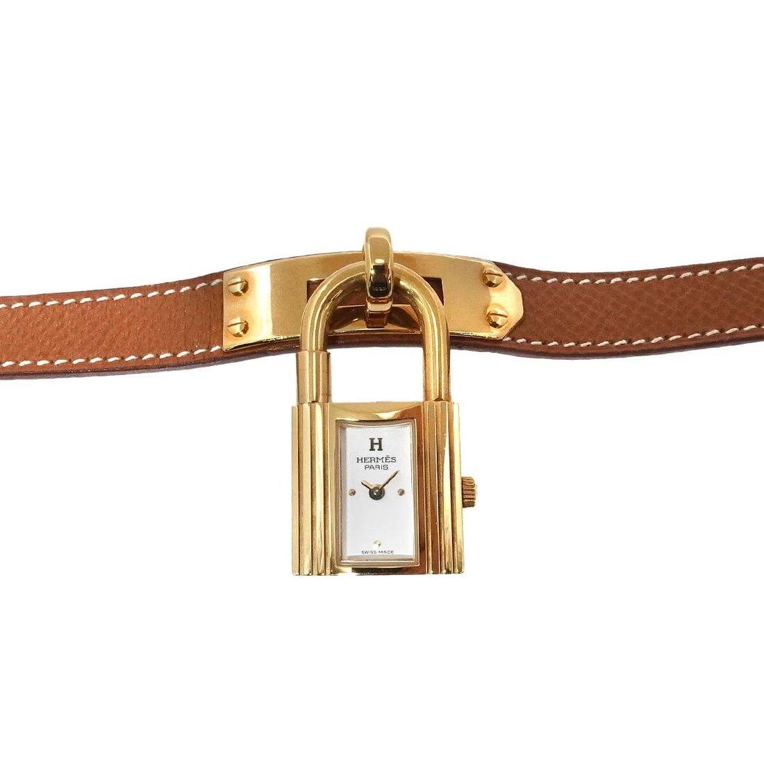 HERMES KELLY WATCH VINTAGE QUARTZ WHITE DIAL WATCH: HERMES Kelly Watch Vintage Quartz White Dial Watch Brand: HERMES Type: Wristwatch Material: Case:Stainless steel/YGP Bracelet:Leather,Stainless steel/YGP Dial Color: White Dial Size: Case Size Len