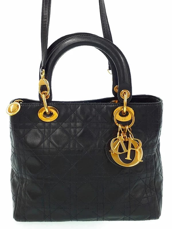CHRISTIAN DIOR LADY DIOR: Christian Dior Lady Dior Brand: Christian Type: 2-Way Bag Material: lambskin Color: Black Red Size: W:24cm H:20cm D:11.5cm Handle:31cm Shoulder:90cm Accessories: None Accessories Notice: W