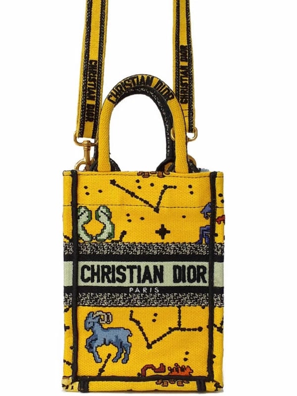 CHRISTIAN DIOR LUCKY DIOR BOOK TOTE MINI PHONE BAG: Christian Dior Lucky Dior Book Tote Mini Phone Bag Brand: Christian Type: 2-Way Bag Material: Jacquard canvas Color: Yellow X Multicolor Size: W:13cm H:18cm D:7.5cm Handle:20cm Shoulder:126cm Acce