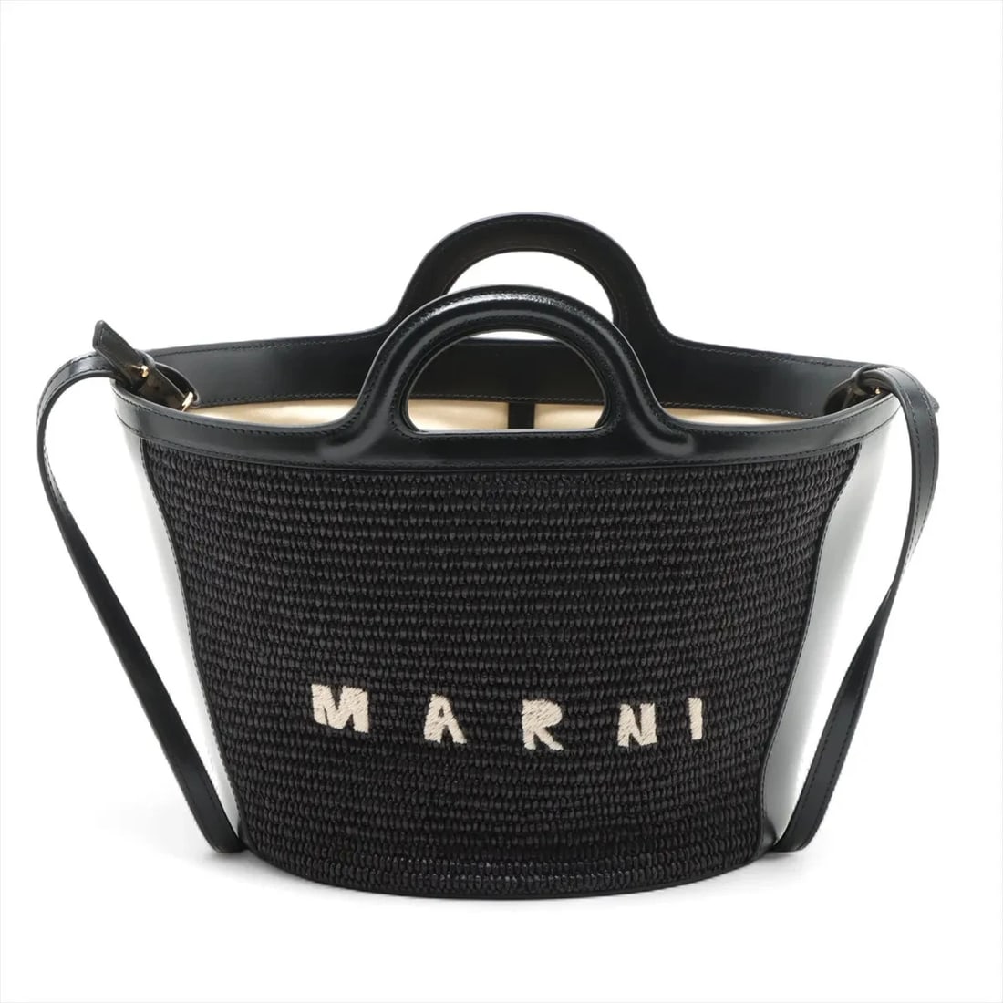 MARNI TROPICALIA STRAWS X LEATHER 2 WAY HANDBAG: Marni Tropicalia Straws x leather 2 Way Handbag Brand: Marni Type: Hand bag Material: Straw Color: Black Size: Height:8.3inch Length:9.3inch Depth:8.3inch Handle height:1.6inch Shoulder height:20.