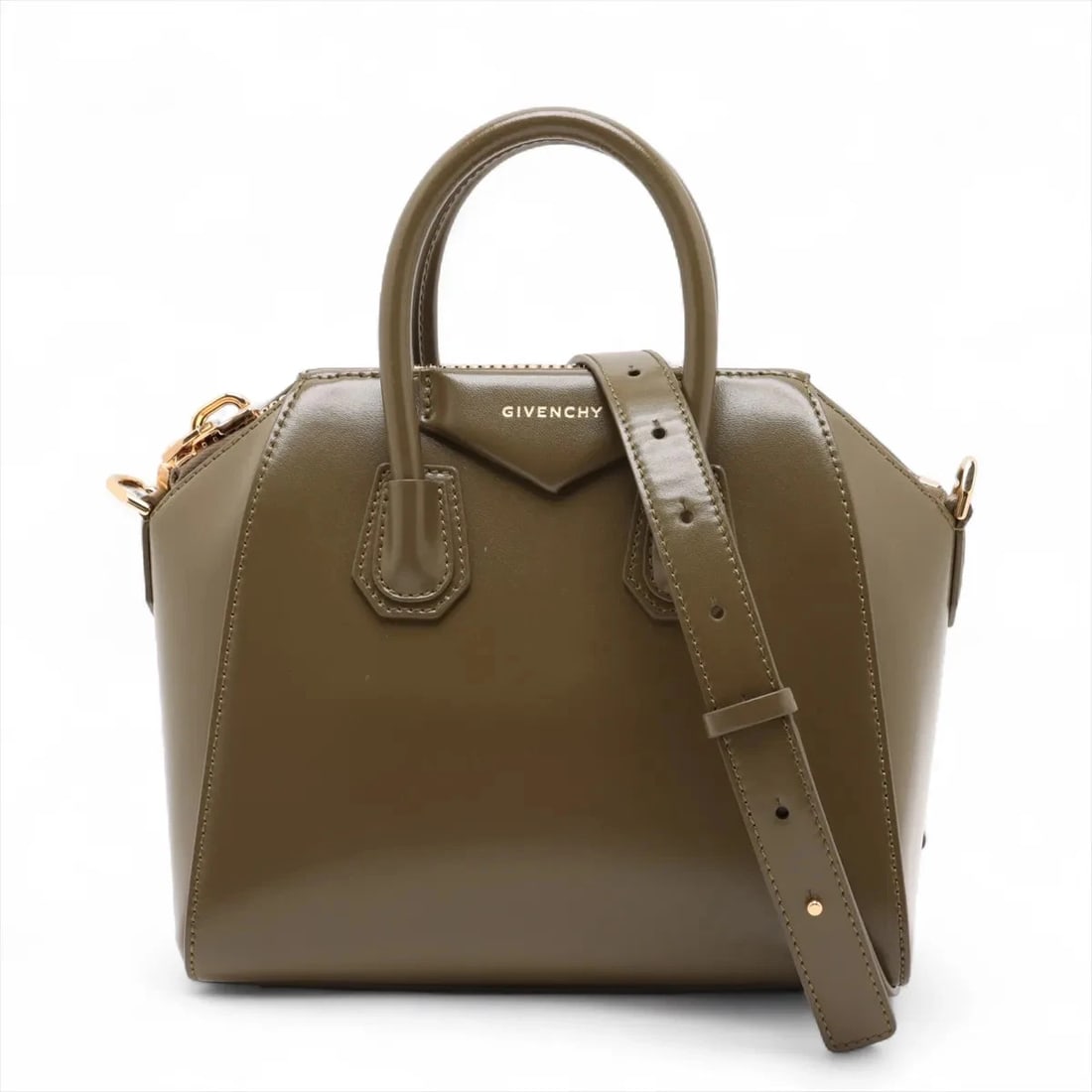 GIVENCHY ANTIGONA MINI LEATHER 2 WAY HANDBAG: Givenchy Antigona Mini Leather 2 Way Handbag Brand: Givenchy Type: Hand bag Material: Leather Color: Green Size: Height:7.5inch Length:8.5inch Depth:4.9inch Handle height:2.8inch Shoulder height:2
