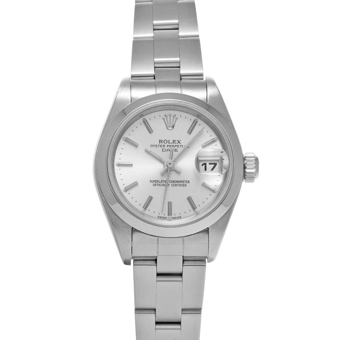 ROLEX OYSTER PERPETUAL DATE SILVER USED WATCH: ROLEX Oyster Perpetual Date Silver Used Watch Brand: ROLEX Type: Wristwatch Material: Band Material Stainless, Case Material Sapphire Crystal Color: Silver Size: Case Size Case Size 26×26mm Band