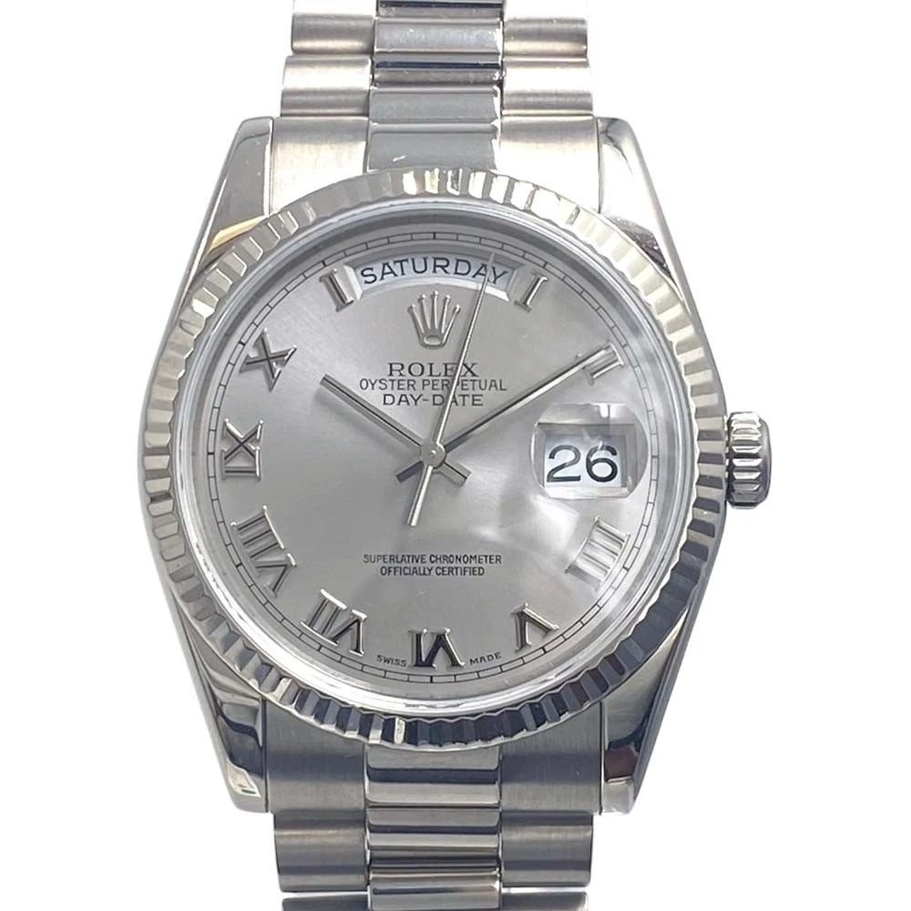ROLEX DAY DATE SILVER MEN'S USED WATCH: ROLEX Day Date Silver Men's Used Watch Brand: ROLEX Type: Wristwatch Material: Band Material NA, Case Material Sapphire Crystal Color: Silver Size: Case Size Case Size 36mm Band Size 18.5cm Acces