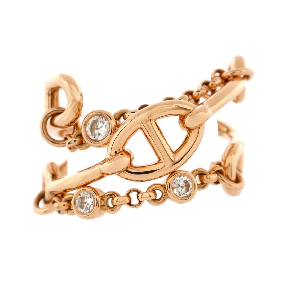 HERMES CHAINE D'ANCRE CHAOS RING: Hermes Chaine d'Ancre Chaos Ring Brand: Hermes Type: Ring Material: 18K Rose Gold, Diamond Color: Rose Gold Size: 6.25 US Accessories: None Accessories Notice: When purchasing pre-owned go