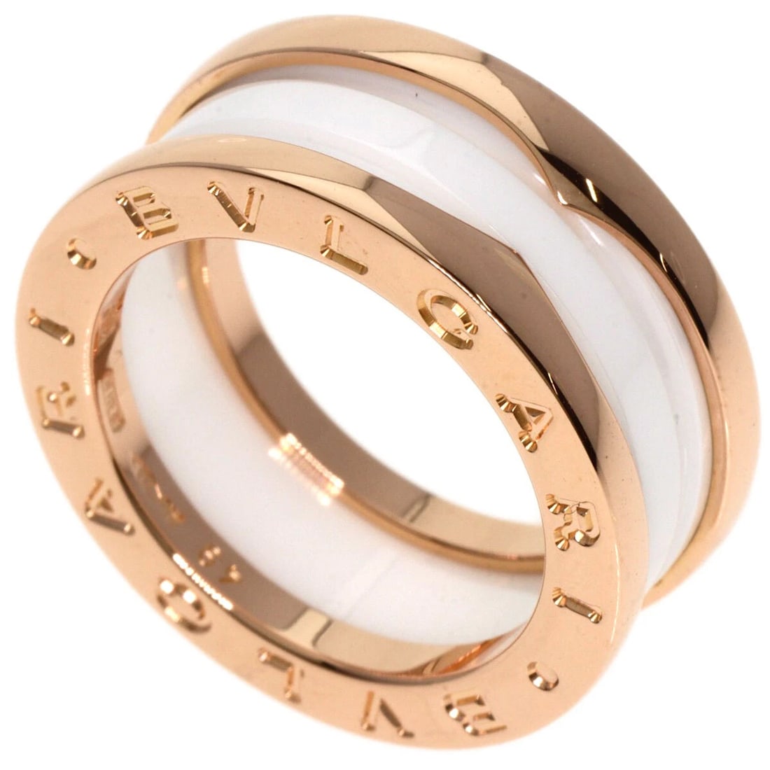 BVLGARI B.ZERO1 2 BAND WHITE CERAMIC RING: BVLGARI B.zero1 2 band White Ceramic Ring Brand: BVLGARI Type: Ring Material: K18 Pink Gold Color: Gold Size: 5 US Accessories: None Accessories Notice: When purchasing pre-owned goods, pl