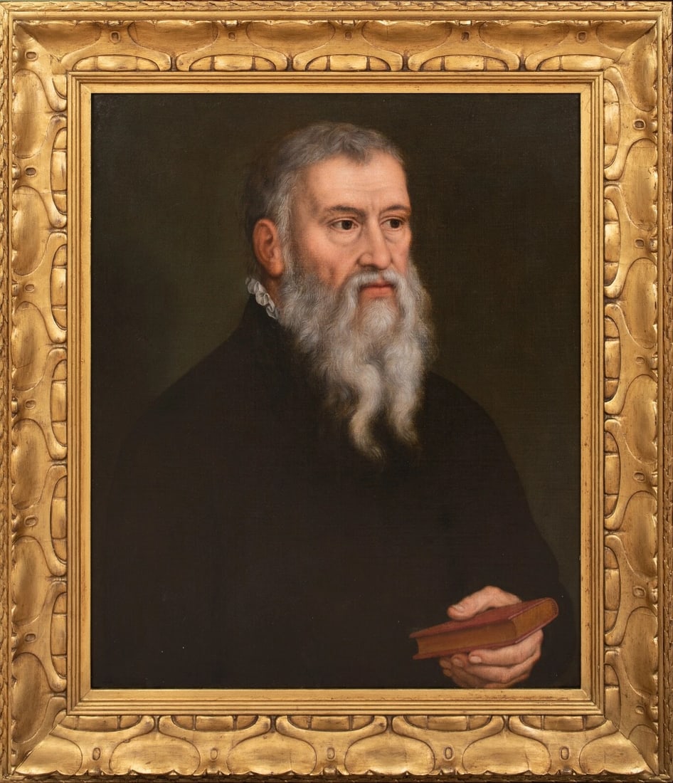 PORTRAIT OF LUCAS CRANACH THE ELDER OIL PAINTING: Year: 16th century Size: 31" x 26.5" Medium: Oil Description: Lucas Cranach the Elder is a large oil painting from the German School of the 16th century. This portrait of the German Renaissance painte