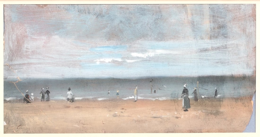SKETCH OF SCENE DE PLAGE TROUVILLE ATTRIBUTED TO EUGENE BOUDIN: Year: 19th century Size: 20.5" x 15.5" Medium: Oil Description: Oil on paper, put to board, 19th-century French sketch of "Scène de Plage, Trouville," signed E. Boudin. A signed preparatory sketch of