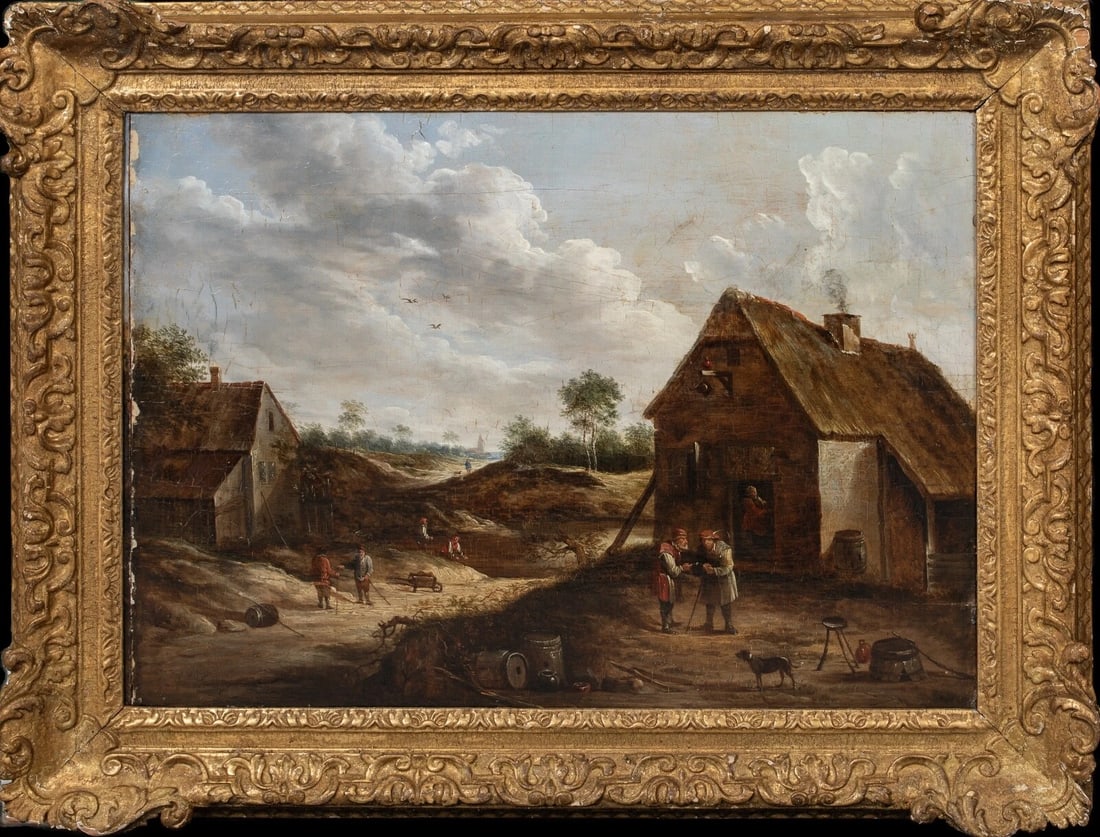 PEASANTS VILLAGERS TALKING OIL PAINTING: Year: 17th century Size: 32" x 25" Medium: Oil Description: Oil on panel, large 17th-century Dutch Old Master depicting peasant peasants conversing. A village scene of people conversing rather than wo