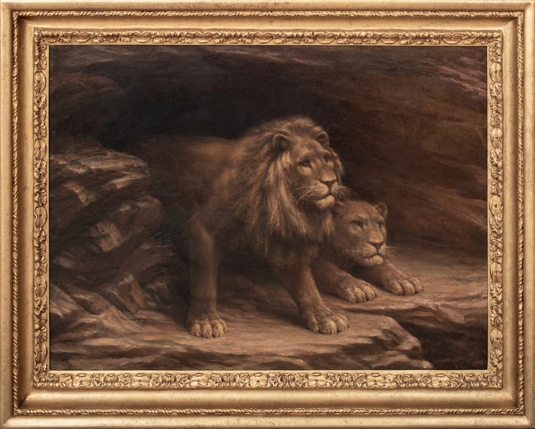 STUDY OF LIONS OIL PAINTING: Year: 19th century Size: 43" x 31" Medium: Oil Description: Extensive oil on canvas study of lions in front of their den, 18th and 19th century German school, by M C Fehr. An early, high-quality study