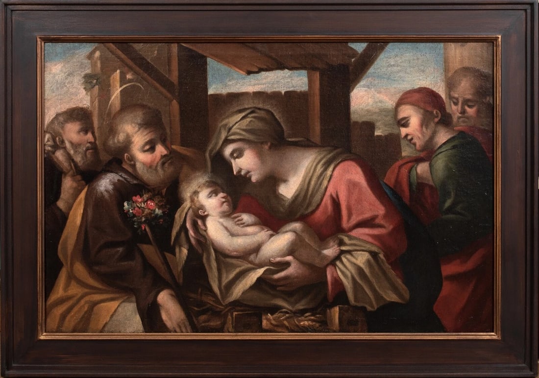 THE ADORATION OF THE MAGI OIL PAINTING: Year: 17th century Size: 36" x 26" Medium: Oil Description: An exquisite big oil painting of the Adoration of the Magi from the 17th century by an Old Master of the Italian Venetian School. This devot