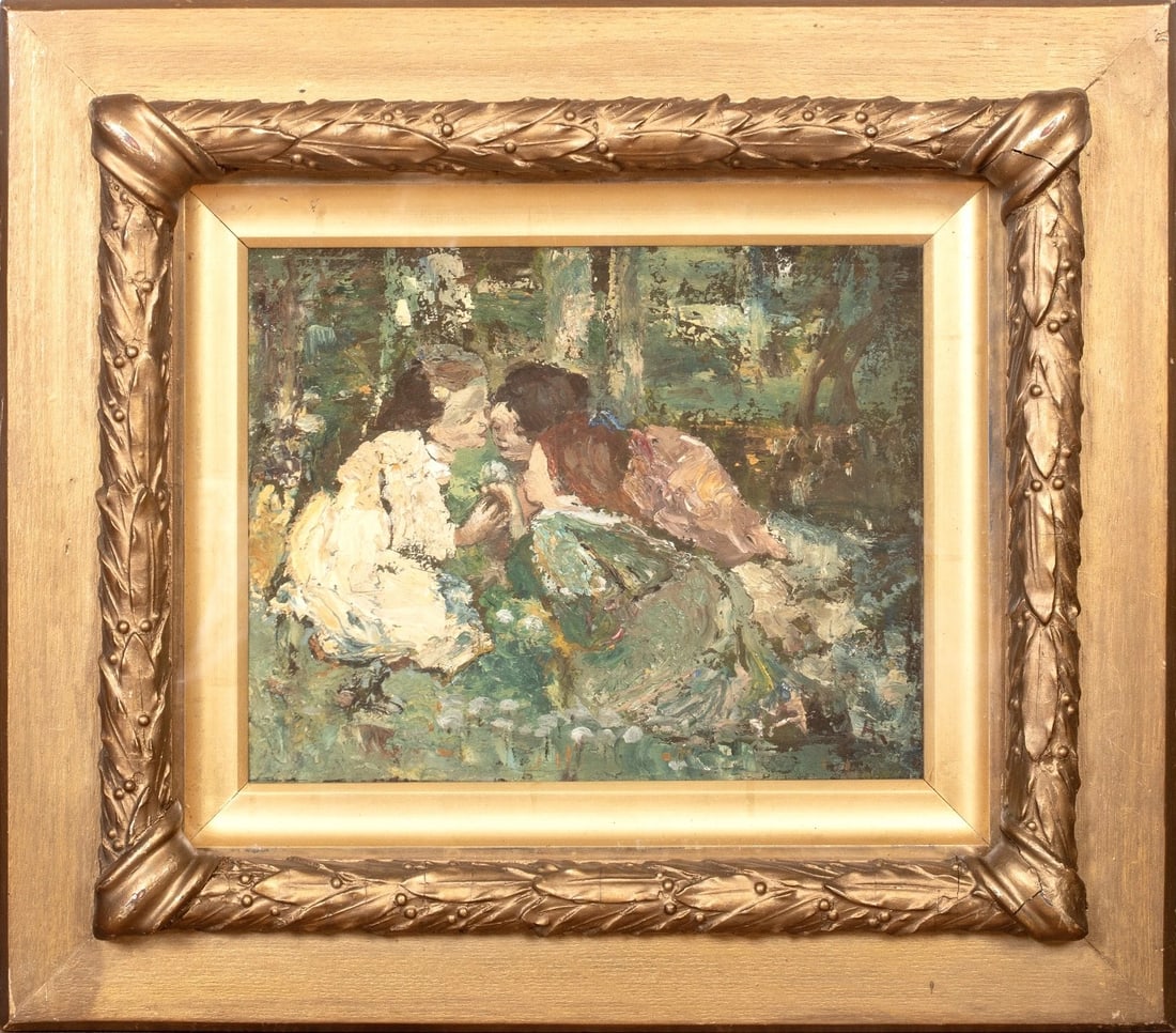 SKETCH OF GIRLS IN THE FOREST OIL PAINTING: Year: 19th century Size: 17" x 15" Medium: Oil Description: Scottish Impressionist, about 1900 Edward Atkinson Hornel, oil on artist's board, sketch of girls in the woodland. This preparatory sketch o