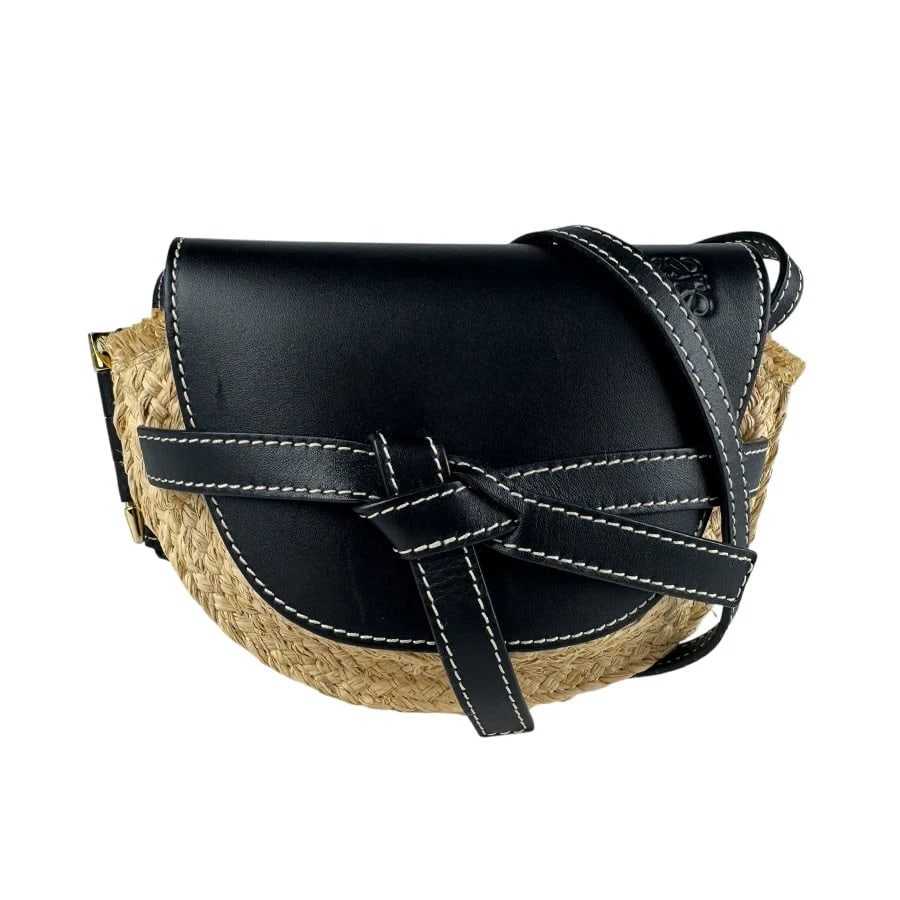 LOEWE GATE MINI CROSSBODY SHOULDER BAG BLACK/BEIGE: LOEWE Gate Mini Crossbody Shoulder Bag Black/Beige Brand: LOEWE Type: Crossbody Shoulder Bag Material: Leather x Raffia Color: Black / Beige Size: [inch] W:6.3inx H:5.5inx D:3.1in Shoulder Length: